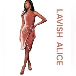 LAVISH ALICE One Shoulder Diamanté Velvet Midi in Mink, Size 6.